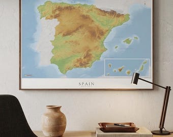 Spain Topographic Map Print | Relief Wall Art | Pyrenees Sierra Nevada Poster | Mapa de España