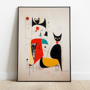 Miro Woman with cat wall art | Different sizes and frame options or canvas | Abstract wall art