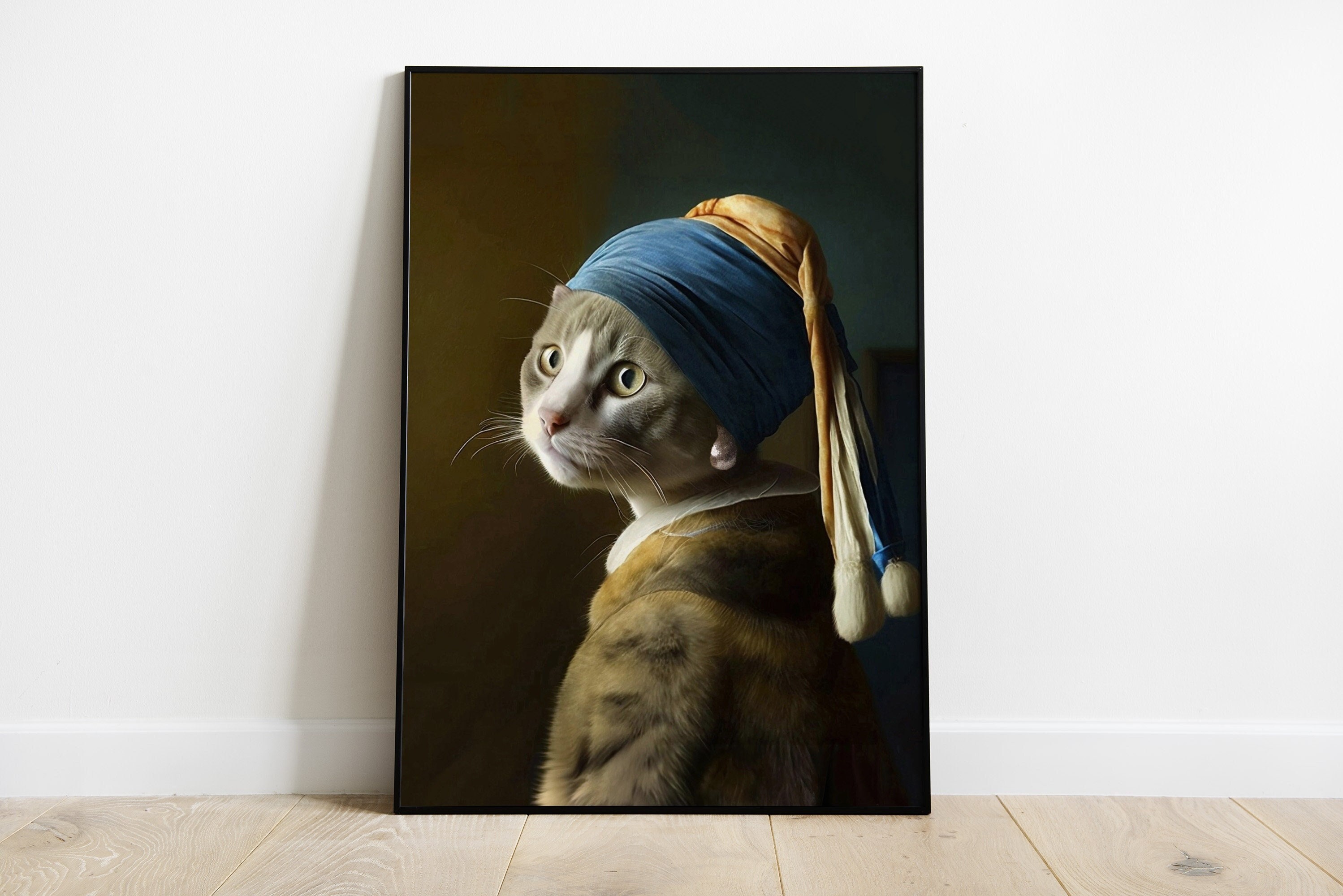 Portrait of Cat with pearl earring print in different sizes and canvas | Johannes Vermeer wall art