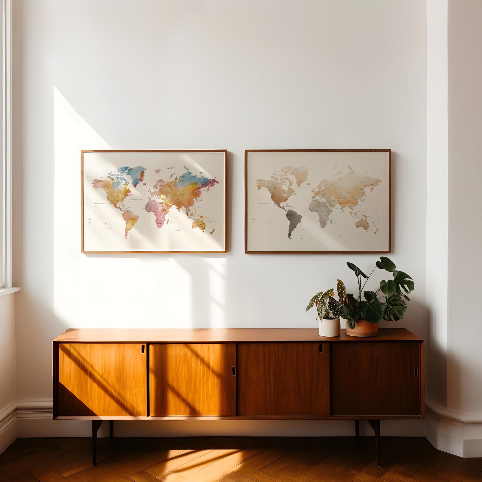 Watercolor World Map Print | Wanderlust Minimalist Wall Art | Gift for ...