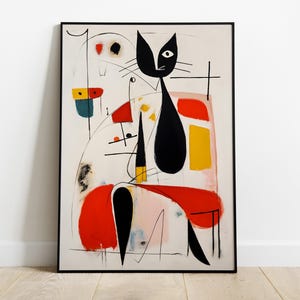 Arte murale Miró donna con gatto in diverse dimensioni e opzioni di cornice o tela / Arte murale astratta