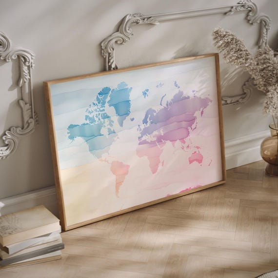 Watercolor World Map Wood Framed Wall Art Watercolor World Map Wood Framed Wall Art