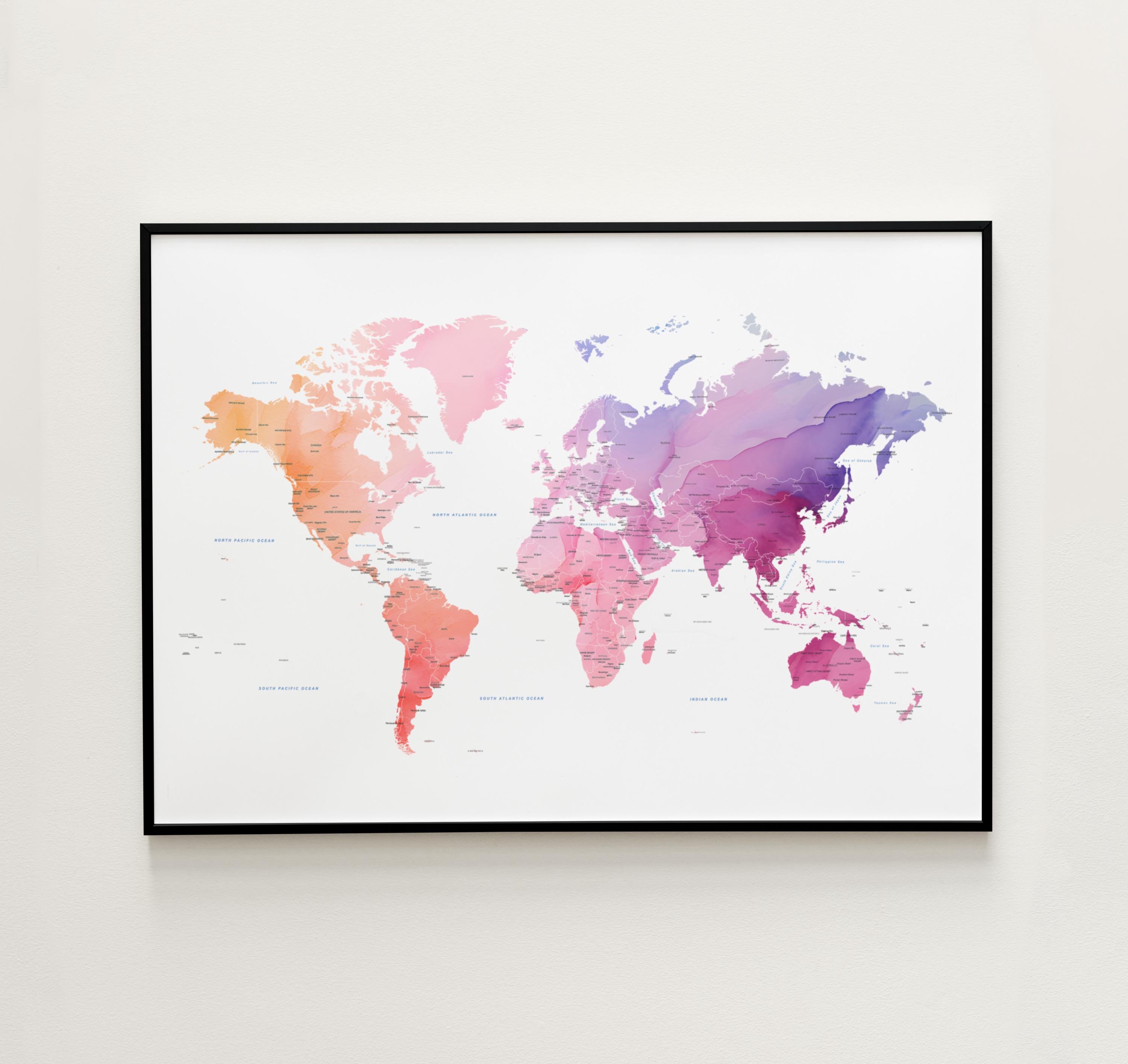 水彩画の世界地図アートプリント｜ミニマリストなウォールアート