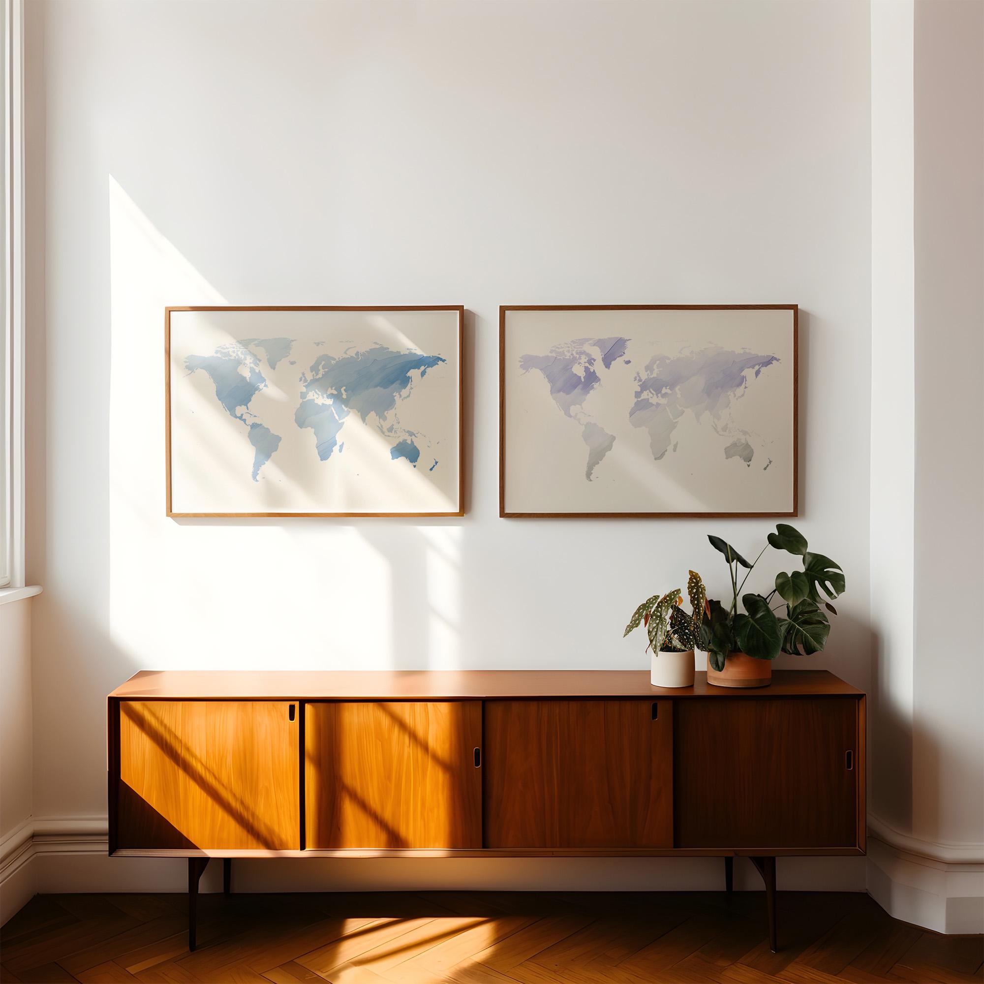 Blue Watercolor World Map Print | Minimalist Wall Art - Etsy