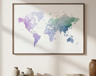 Purple Green Watercolor World Map Wall Art | Home Office Decor