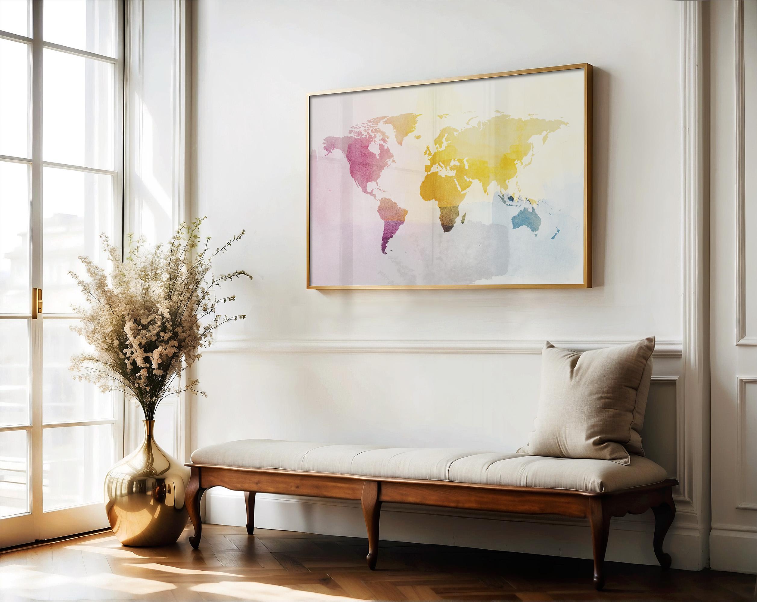 Multicolour Watercolor World Map Wall Art | Vibrant Home Decor ...