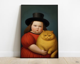 Botero Girl with cat print in different sizes and canvas | Fernando Botero canvas wall art | Botero cat black metal framed wall art
