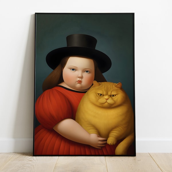 Botero Girl with cat print in different sizes and canvas | Fernando Botero canvas wall art | Botero cat black metal framed wall art