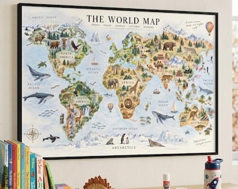 Illustrated World Map Print | Watercolor Animals Landmarks Poster | Kids Nursery Playroom Decor