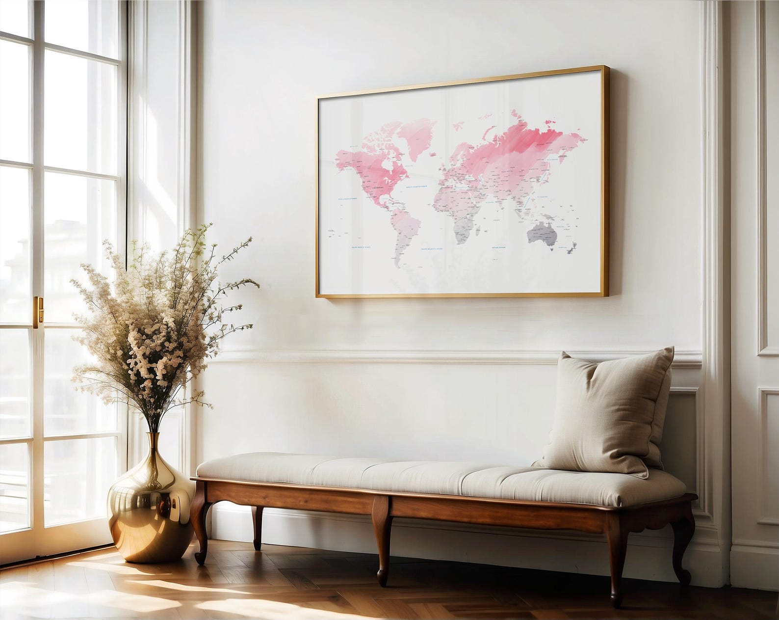 Pink Watercolor World Map Print | Wall Art | Birthday & Anniversary ...