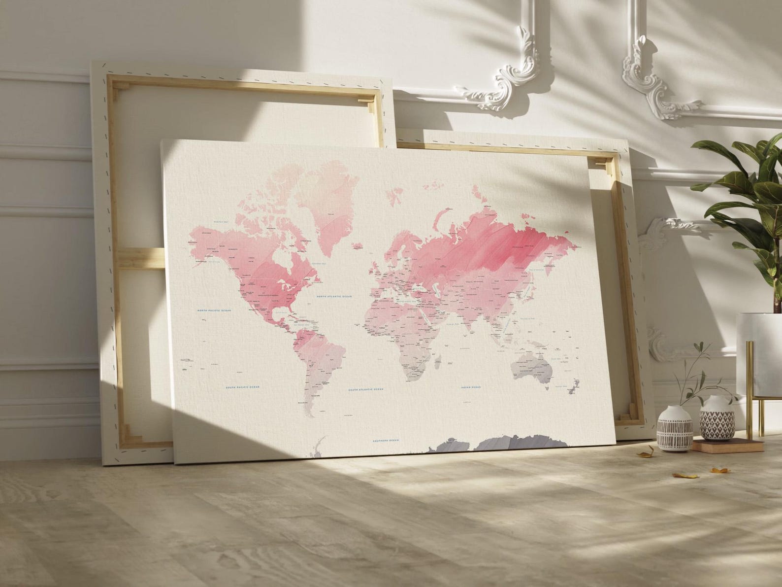 Pink Watercolor World Map Wall Art | Blush Pink Decor | Birthday ...