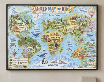 World Map for Kids Print | Colorful Animals & Landmarks Poster | Kids Nursery Playroom Decor