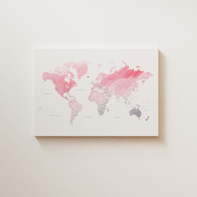 Pink Watercolor World Map Print | Wall Art | Birthday & Anniversary ...
