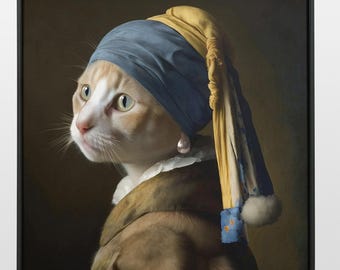 真珠の耳飾りをしたオレンジ色の猫のアートプリント。ヨハネス・フェル