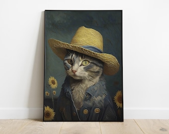 ゴッホの灰色の猫の壁画。麦わら帽子の肖像画 - Etsy 日本