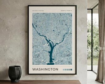 Washington DC Map Print | Blue City Wall Art | DC Travel Gift | Potomac River poster