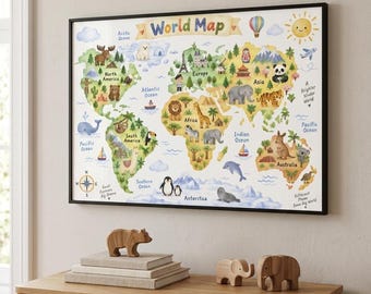 Kids World Map Print | Nursery Animal Wall Art | Children Playroom Decor | Watercolor Baby Gift