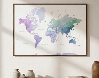 Purple Green Watercolor World Map Print | Travel Gift Wall Art
