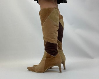 Vintage knee high boots kitten heeled boots patchwork boots