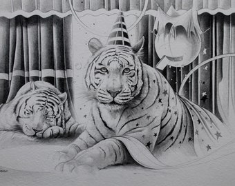 Pencil drawing for framing, black and white, children's room decoration, birthday gift. wild animals titled “Douceur Féline”.