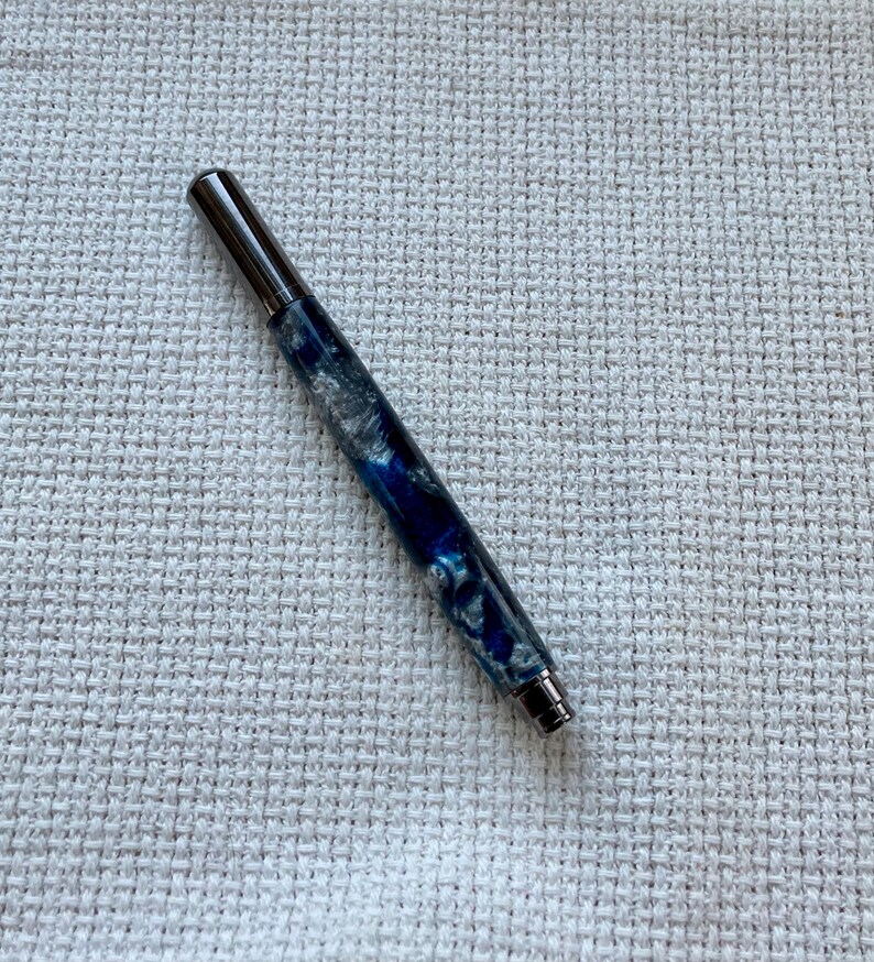 Deep blue acrylic with gunmetal trim fine point rollerball pen image 3