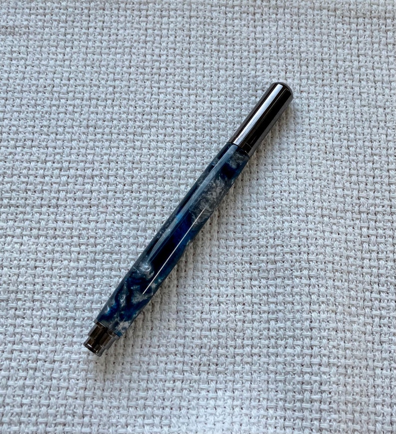 Deep blue acrylic with gunmetal trim fine point rollerball pen image 7