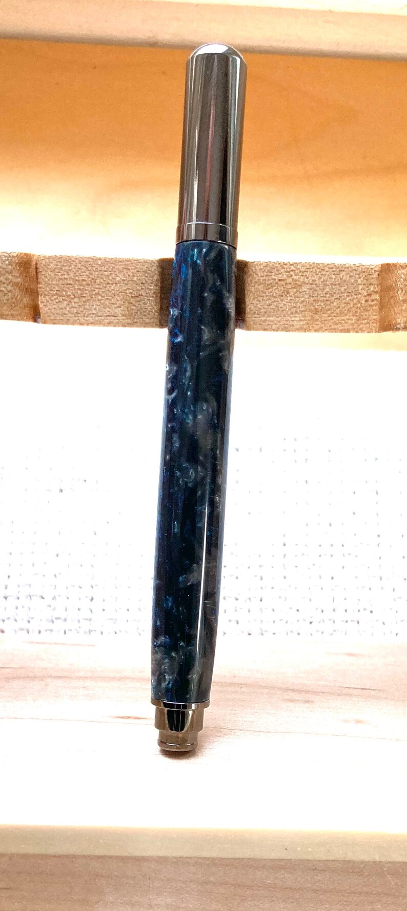 Deep blue acrylic with gunmetal trim fine point rollerball pen image 5