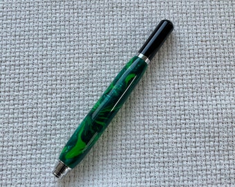 Bright green acrylic pen with fine point rollerball and black and chrome trim