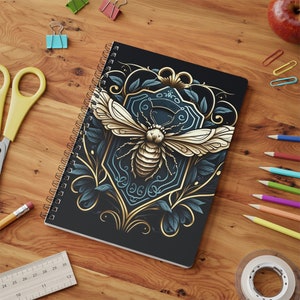 Metallic Art Nouveau Bee A5 Notebook Gift for Bee Lover, Spiral Bound Notebook, cottagecore Bee gardening gift Notepads