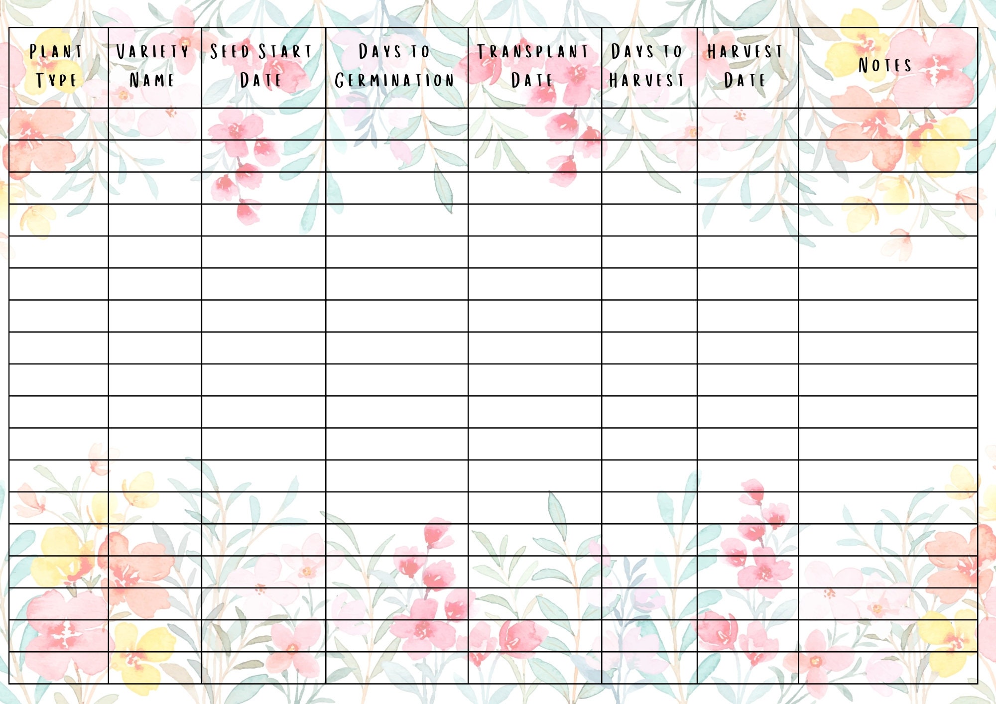 Floral digital seed tracker printable seed sowing sheet printable
