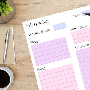 Op de afbeelding: Een bovenaanzicht van een bureau met een "ME tracker"-blad, een notitieboek, een pen, een kopje koffie en een kleine plant in een pot. De tracker heeft secties voor "Tracker Score", "Sleep", "Food", "Movement" en "Symptoms". Een hand houdt een pen boven de sectie "Date".