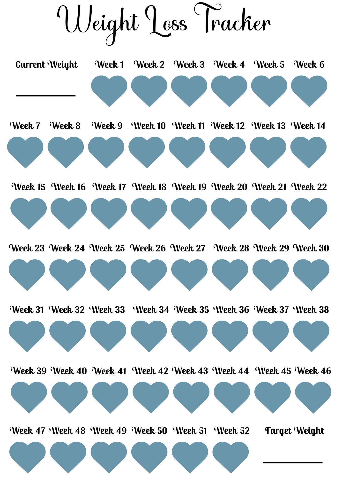 Printable 52 Week Weight Loss Tracker, A4 Editable Canva Template ...