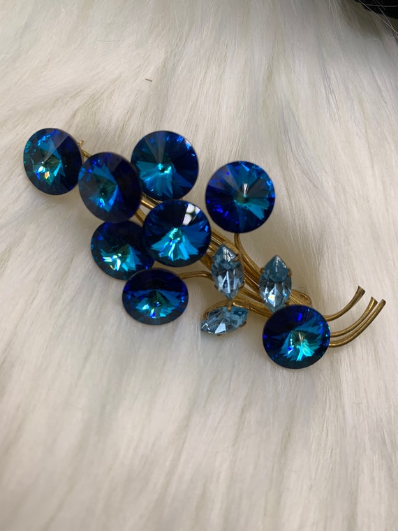 Blue Vintage Rivoli Flower Spray Brooch