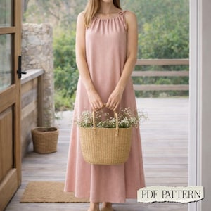 Patrón de costura para vestido largo en PDF / Vestido con escote con cordón fácil para principiantes / Vestido de verano de corte A (tallas XS-3XL)