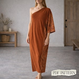 Patrón de costura para vestido largo drapeado de diario (PDF) / Vestido elástico fácil para principiantes / Vestido de corte A con hombros descubiertos (tallas XS-3XL)