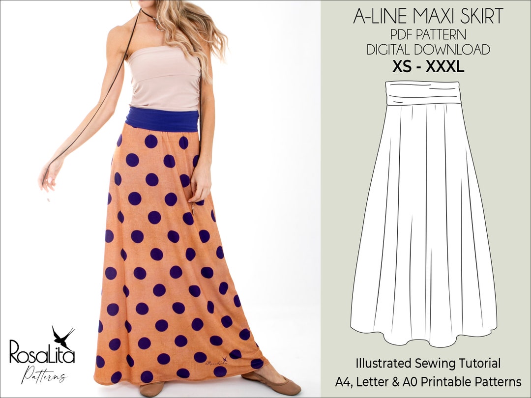 Maxi Aline Skirt Pattern. Digital PDF Sewing Pattern With Tutorial Aline XSXXXL Easy Beginner