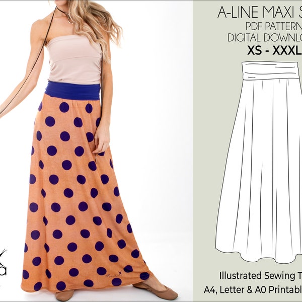 Maxi A-line Skirt Pattern. Digital PDF Sewing Pattern with Tutorial | A-Line |XS-XXXL| Easy Beginner-Friendly Sewing Pattern.