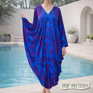 Naaipatroon kaftan maxi-jurk pdf | Makkelijke kaftanjurk voor beginners | Gratis maat XS–3XL, ruimvallend maxi