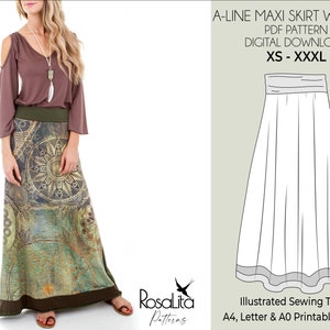 Maxi A-line Skirt Pattern with Trim Detail. PDF Sewing Pattern with Tutorial | A-Line |XS-XXXL| Easy Beginner-Friendly Sewing Pattern.