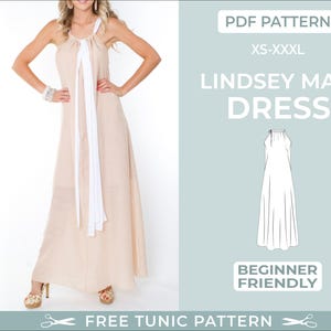 Padrão de costura de vestido longo |XS-XXXL| Padrão de costura fácil para iniciantes. Padrão de vestido de dama de honra. Casamento. Padrão de vestido longo com cordão