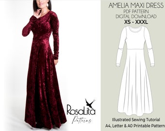 Amelia Maxikleid Schnittmuster. Digitales PDF Schnittmuster mit Anleitung | Brautjungfern A-Linien Kleid | XS-XXXL | Anfängerfreundliches Schnittmuster.