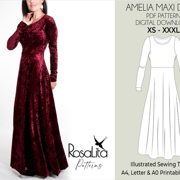 Amelia Maxi Dress Pattern. Digital PDF Sewing Pattern with Tutorial | Bridesmaid A-Line Dress | XS-XXXL | Beginner-Friendly Sewing Pattern.