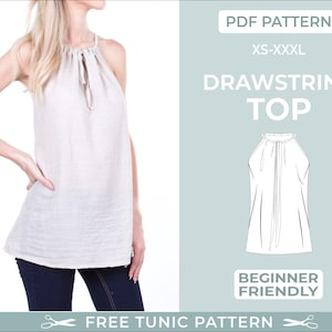 Drawstring Top Sewing Pattern with Tutorial |Free size, XS-XXXL| Easy Beginner-Friendly Sewing Pattern. Instant Download. Summer Top Pattern