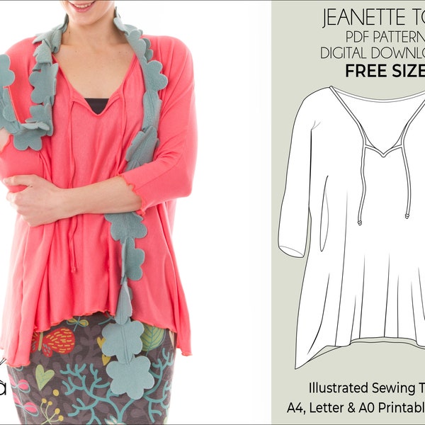 Jeanette Loose Top Digital PDF Sewing Pattern with Tutorial |Free size, XS-XXXL| Easy Beginner-Friendly Sewing Pattern. Instant Download