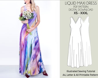 Robe sans manches à col en V liquide Patron de couture PDF numérique. Robe de mariée | XS-XXXL | Patron de couture facile pour les débutants. Robe de demoiselle d'honneur