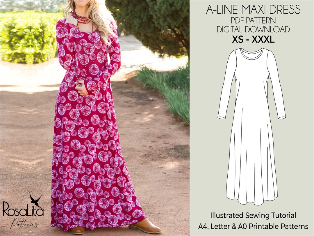 Maxi Dress Pattern. Digital PDF Sewing Pattern With Tutorial Aline XSXXXL Beginnerfriendly