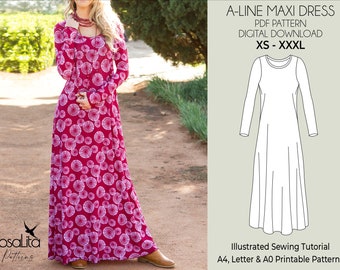 Maxi Dress Pattern. Digital PDF Sewing Pattern with Tutorial | A-Line |XS-XXXL| Beginner-Friendly Sewing Pattern. Mother of the Bride
