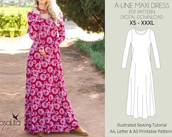 Maxi Dress Pattern. Digital PDF Sewing Pattern with Tutorial | A-Line |XS-XXXL| Beginner-Friendly Sewing Pattern. Mother of the Bride