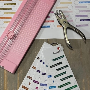 Puede incluir: Una cizalla de papel rosa, una perforadora plateada y tarjetas de muestras de color están dispuestas sobre una superficie de madera. Las muestras de color incluyen tonos de verde, azul y morado. La cizalla tiene un patrón de cuadrícula.