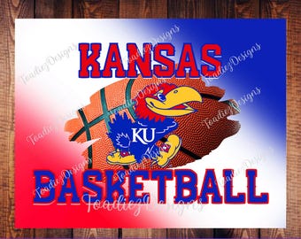 May include: A red, white, and blue graphic with a basketball and a blue Jay with the text "KANSAS BASKETBALL" and "KU" on it.